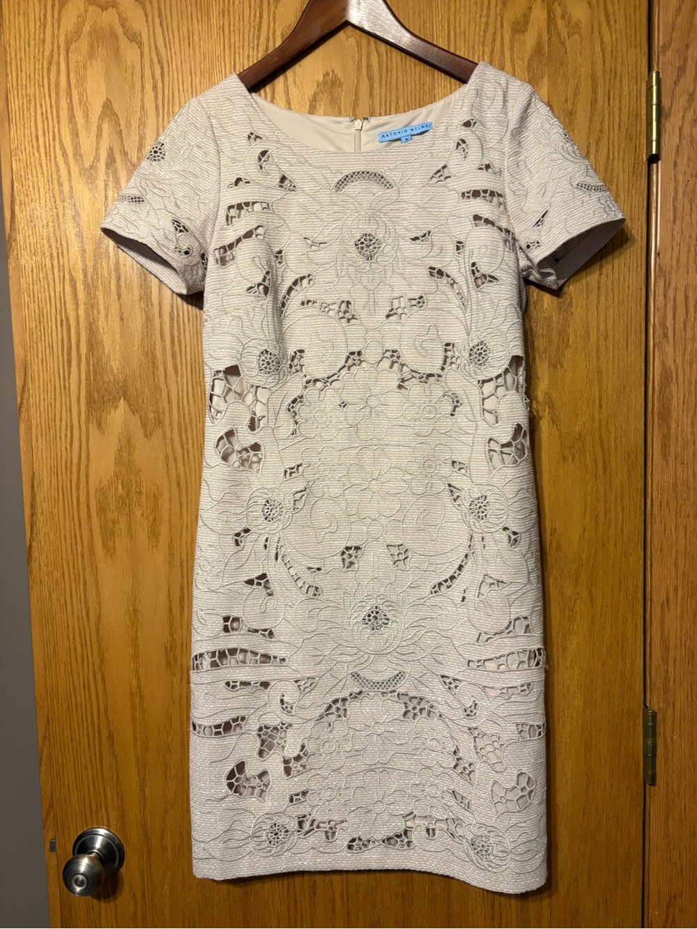Antonio Melani Lace Overlay Shift Dress in Light Beige